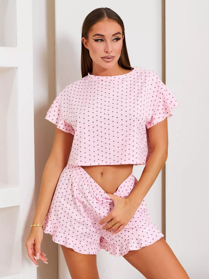 Dame kortærmet pyjamasæt med flæser og legende hjerte motiv Stilla