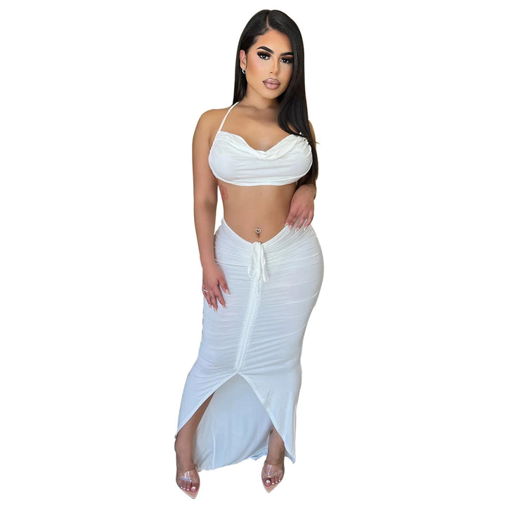 Dame to-delt sæt med crop-top og maxiskirt i den trendy ruffles design Stilla