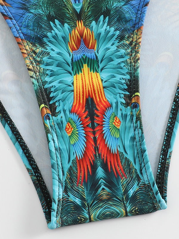 Dame Triangel-bikini med ekstravagant fjerdesign og funklende accenter Skovae