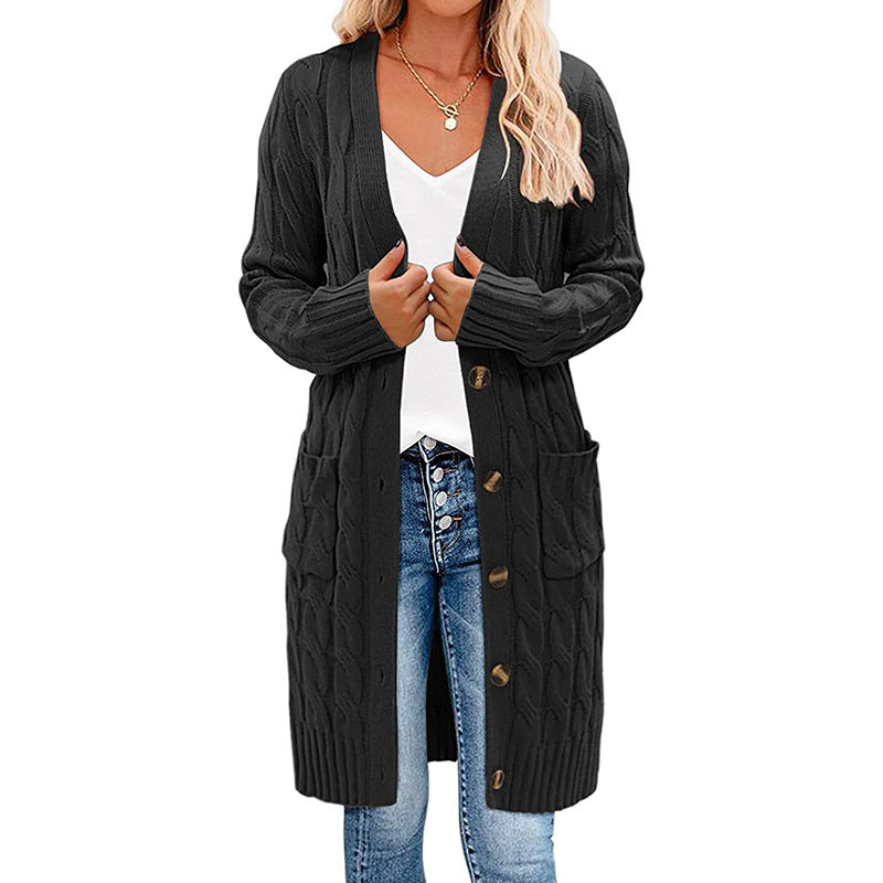 Kvindernes chunky strikket cardigan med lomme og knaplukning Stilla