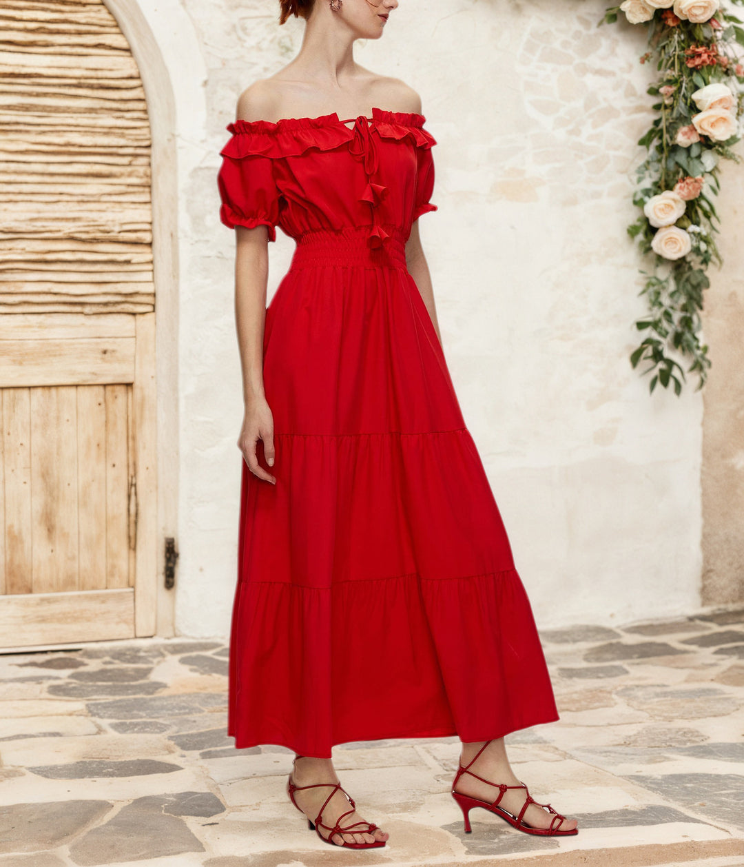 Dame Off-Shoulder Maxikjole med elastisk taljebånd og flæse detaljer Stilla