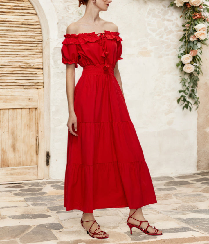 Dame Off-Shoulder Maxikjole med elastisk taljebånd og flæse detaljer Stilla