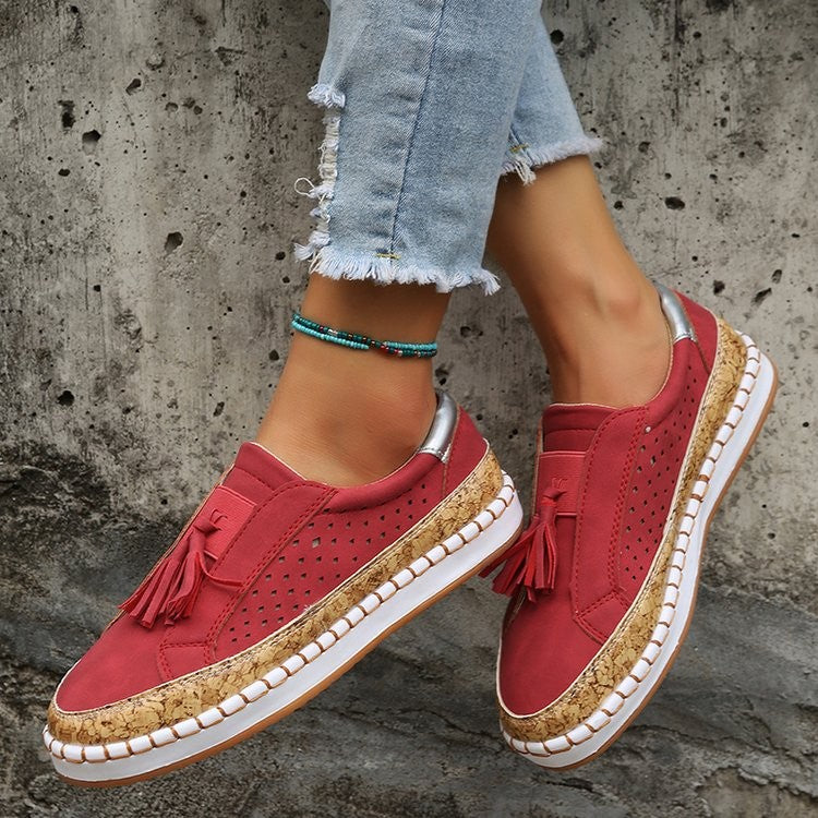 Dame komfortable Slip-On Sneakers med stilfulde fransender og korksål Stilla