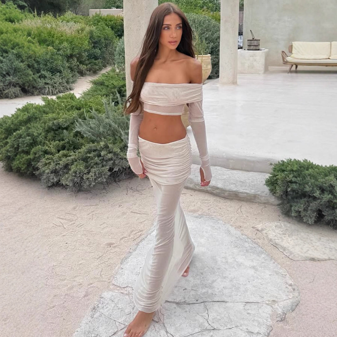 Dame Off-Shoulder Maxi-Kjole med ruched top og elegant skørt Skovae