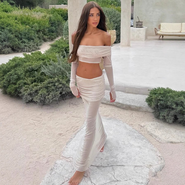 Dame Off-Shoulder Maxi-Kjole med ruched top og elegant skørt Skovae