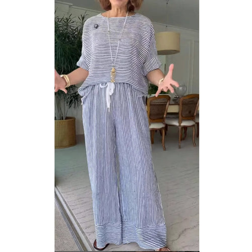 Stribet linned loungewear sæt til kvinder, to dele Stilla