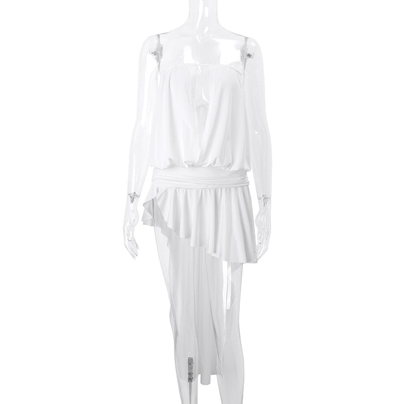 Dame trendy top med asymmetrisk snit og flydende flæse detaljer Stilla