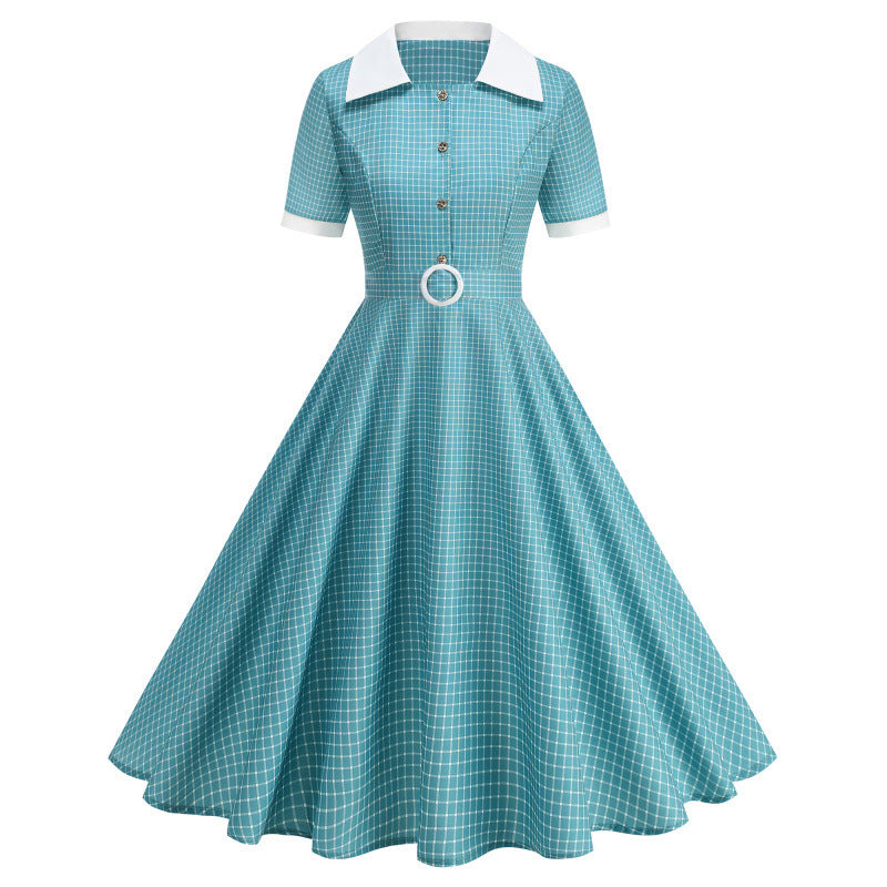 Dame Vintage Polka-Dot Kjole med knapdetaljer og svajende skørt Skovae
