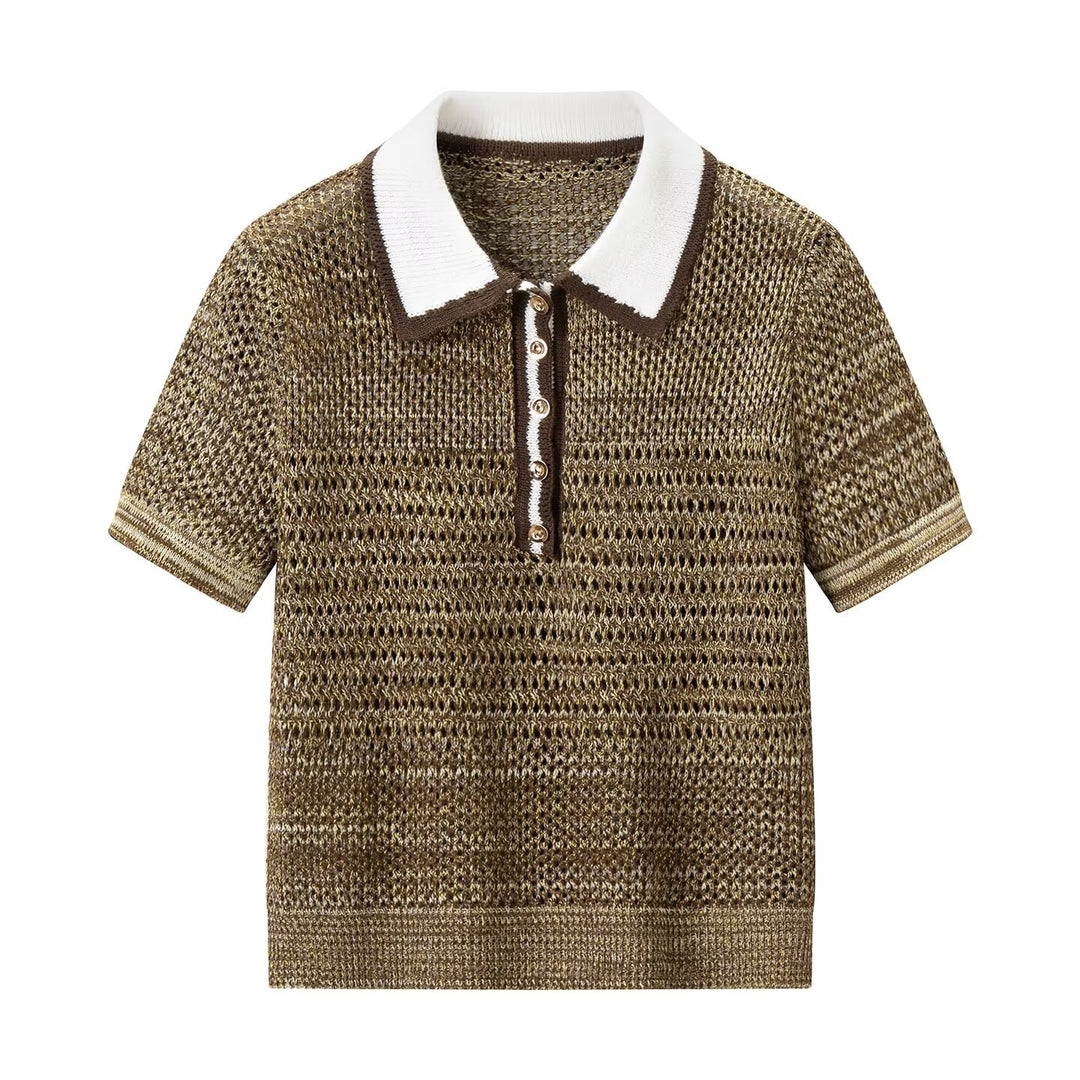 Dame polo-shirt med dekorativt strikmønster og klassisk krave Skovae