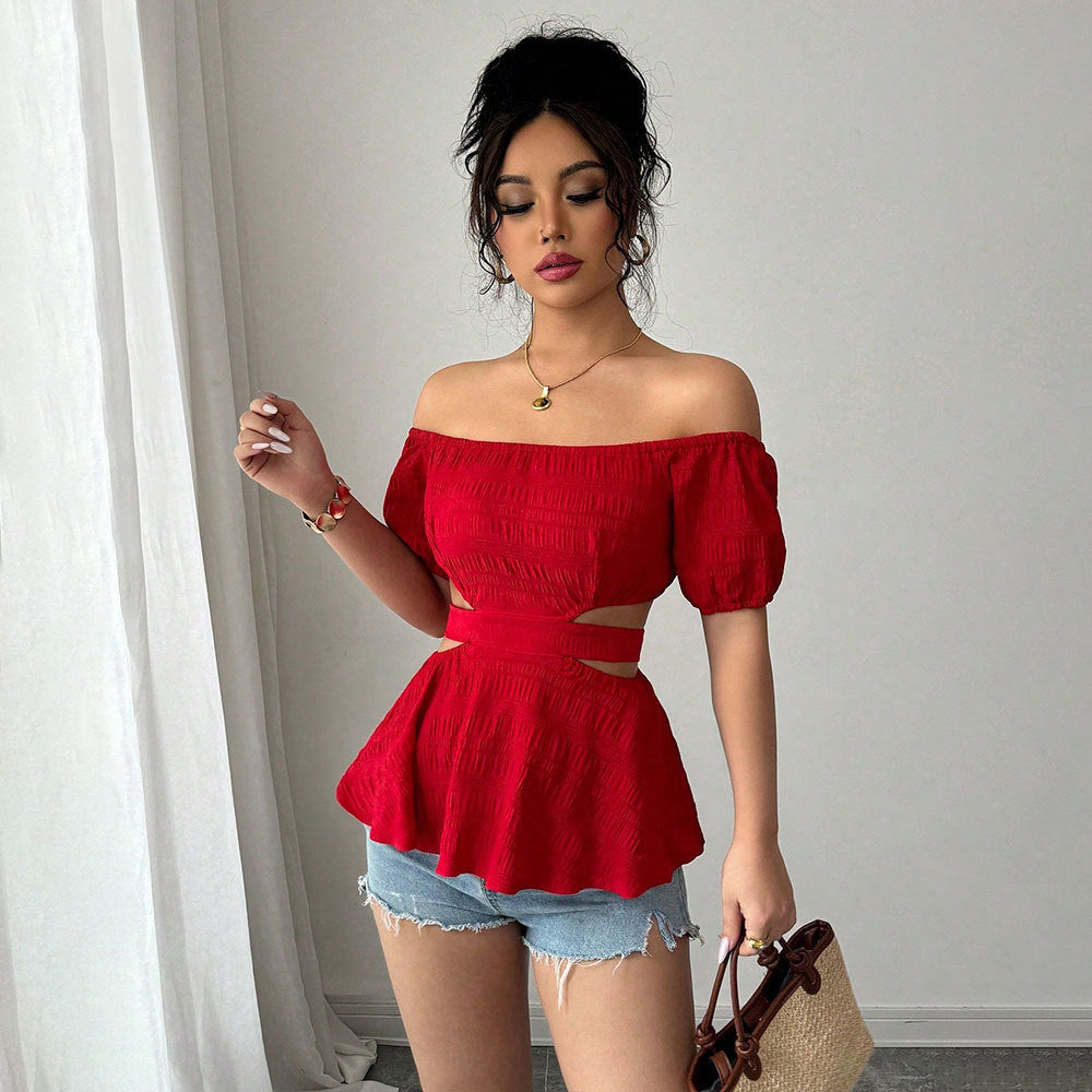 Kvinders off-shoulder bluse med flæsekant og sideløse udskæringer Stilla