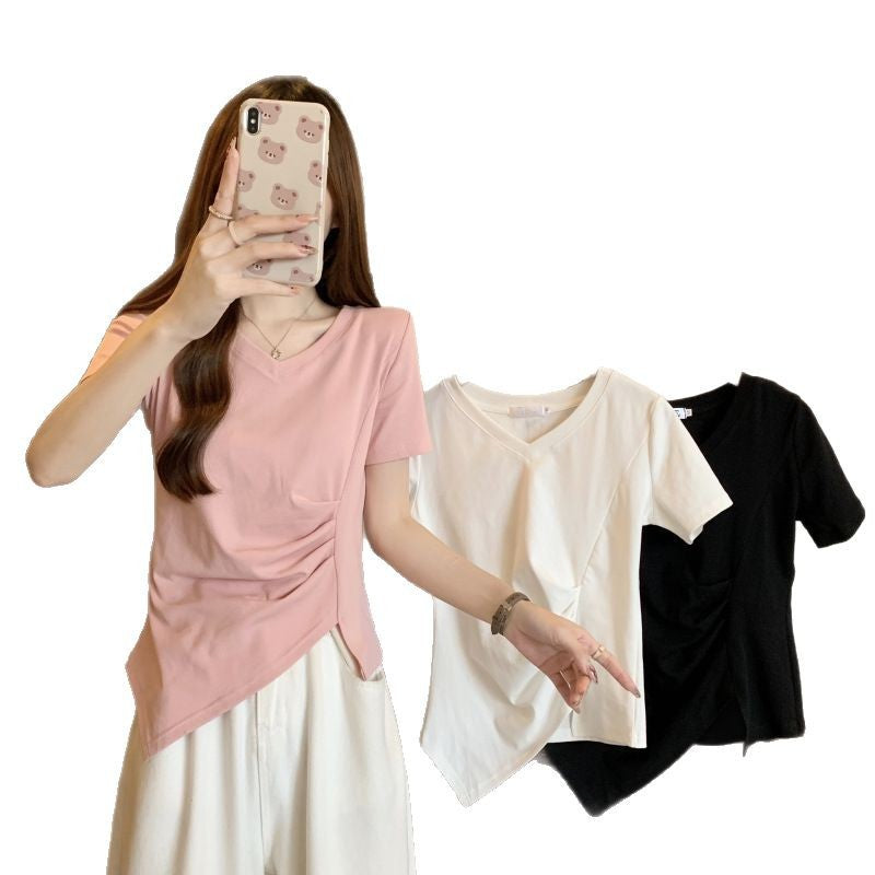 Dame V-hals Draperet kant T-shirt Stilla