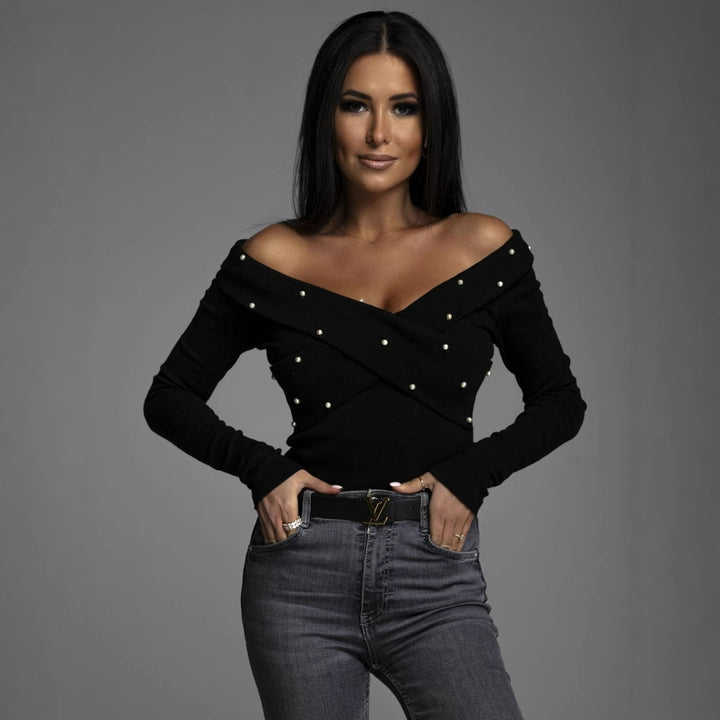 Dame Off-Shoulder Top med Perlepynt Stilla