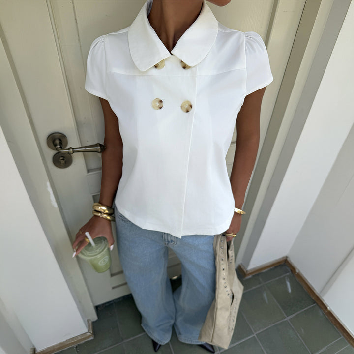 Dame elegant bluse med fine knapdetaljer og krave Skovae