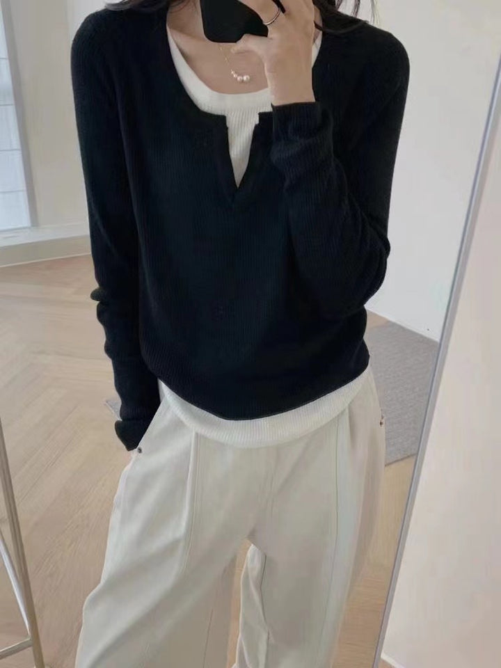 Dame finstrik pullover med V-udskæring og raglanærmer Stilla
