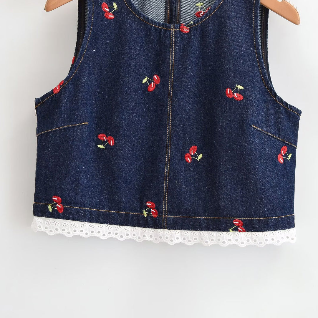 Dame Designer-Cropped-Top med blomsterbroderi og spidsdetalje Skovae