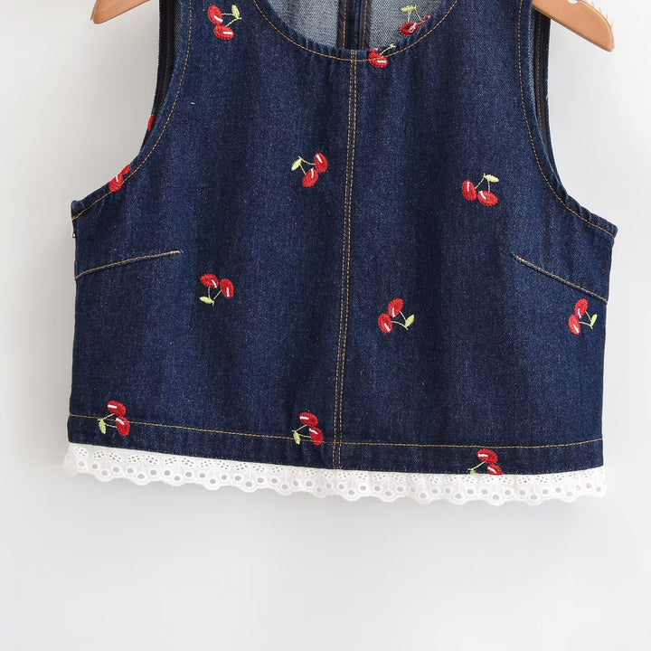 Dame Designer-Cropped-Top med blomsterbroderi og spidsdetalje Skovae