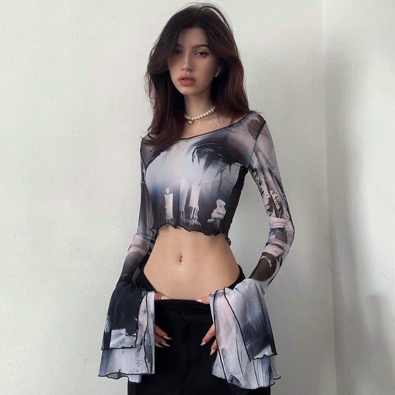 Dame Langærmet Crop-Top med kreative grafik-printdetaljer og udvidede ærmer Skovae