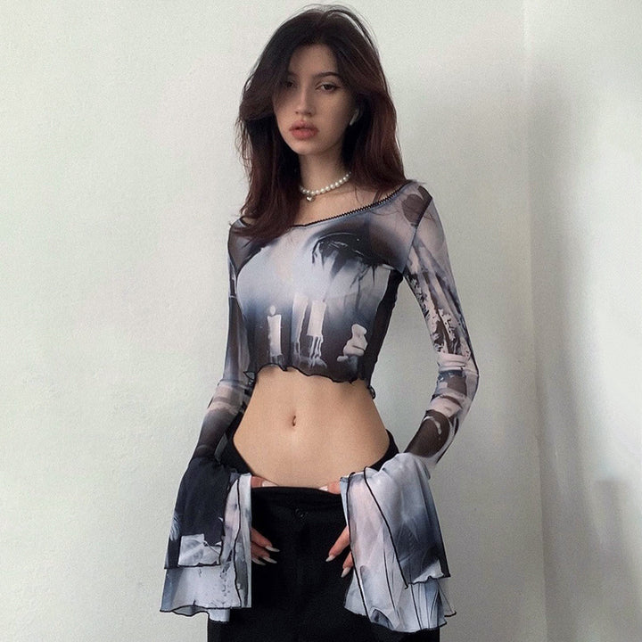 Dame Langærmet Crop-Top med kreative grafik-printdetaljer og udvidede ærmer Skovae