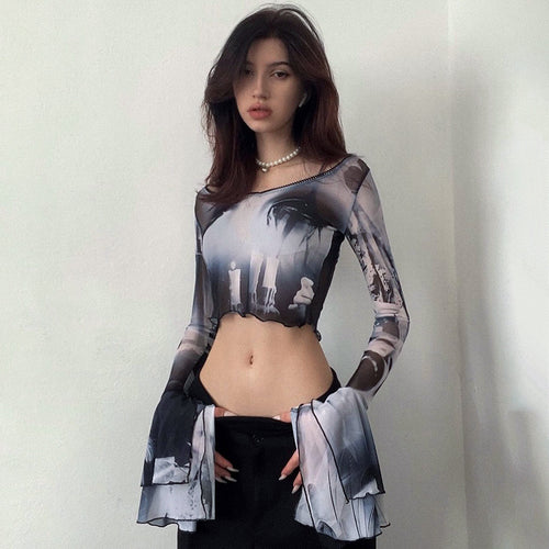 Dame Langærmet Crop-Top med kreative grafik-printdetaljer og udvidede ærmer Skovae