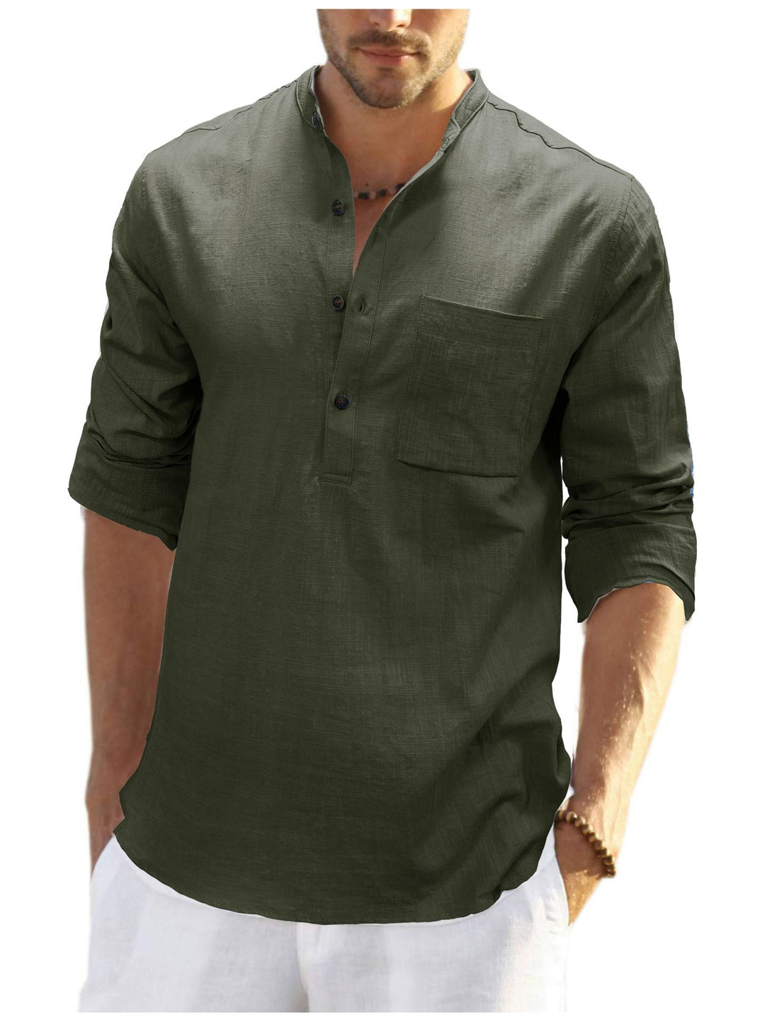 Herre afslappet langærmet Henley-shirt lavet af behagelig linnedmix med brystlomme Stilla