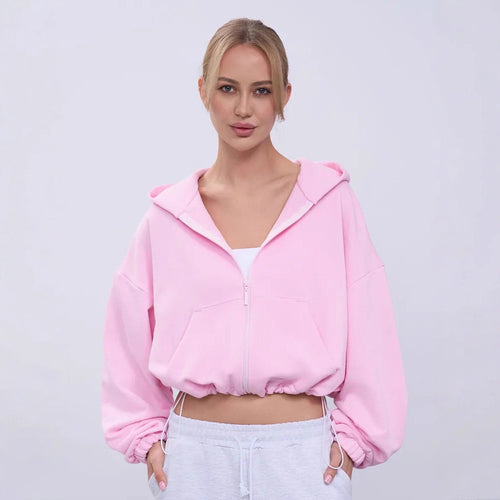 Dame cropped hoodie jakke med voluminøse ærmer og praktiske lommer Skovae