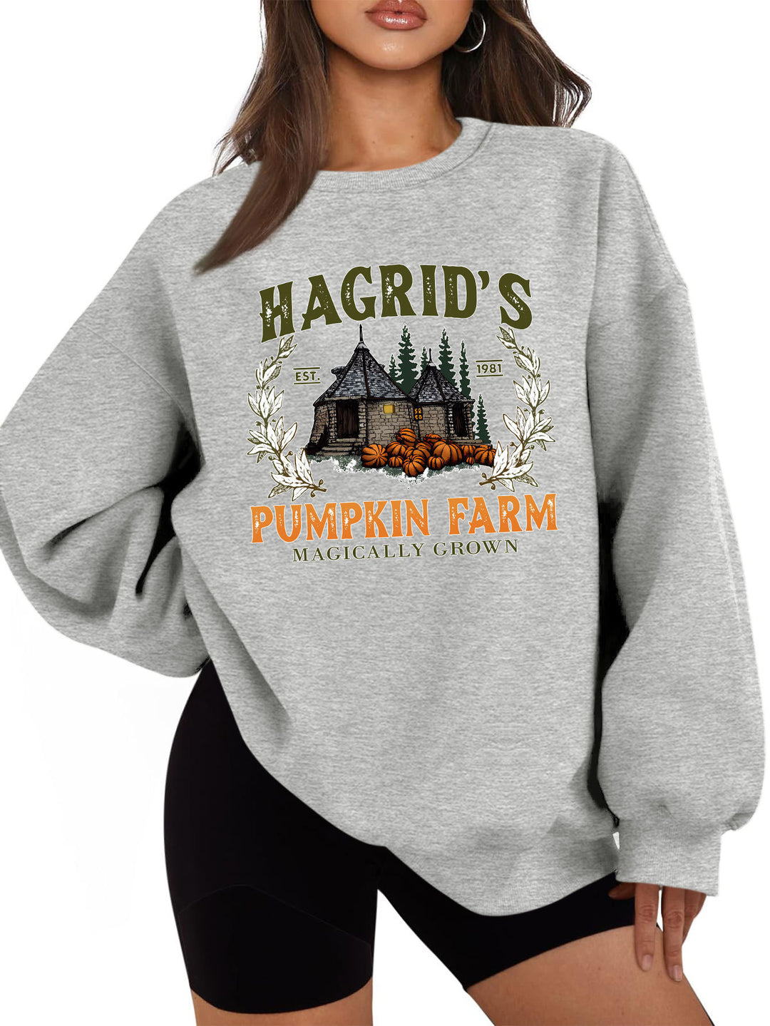 Kvinders sweatshirt med hyggelig rund hals og efterårs græskarmotiv Stilla