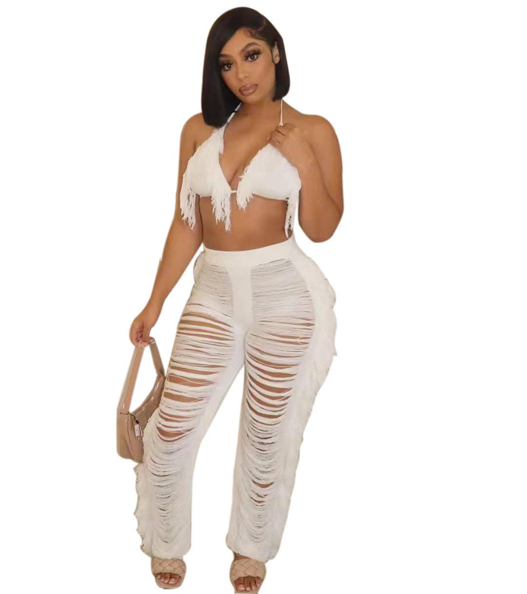 Dame Strandoutfit med frynset Crop-Top og afslappet Bukser Stilla