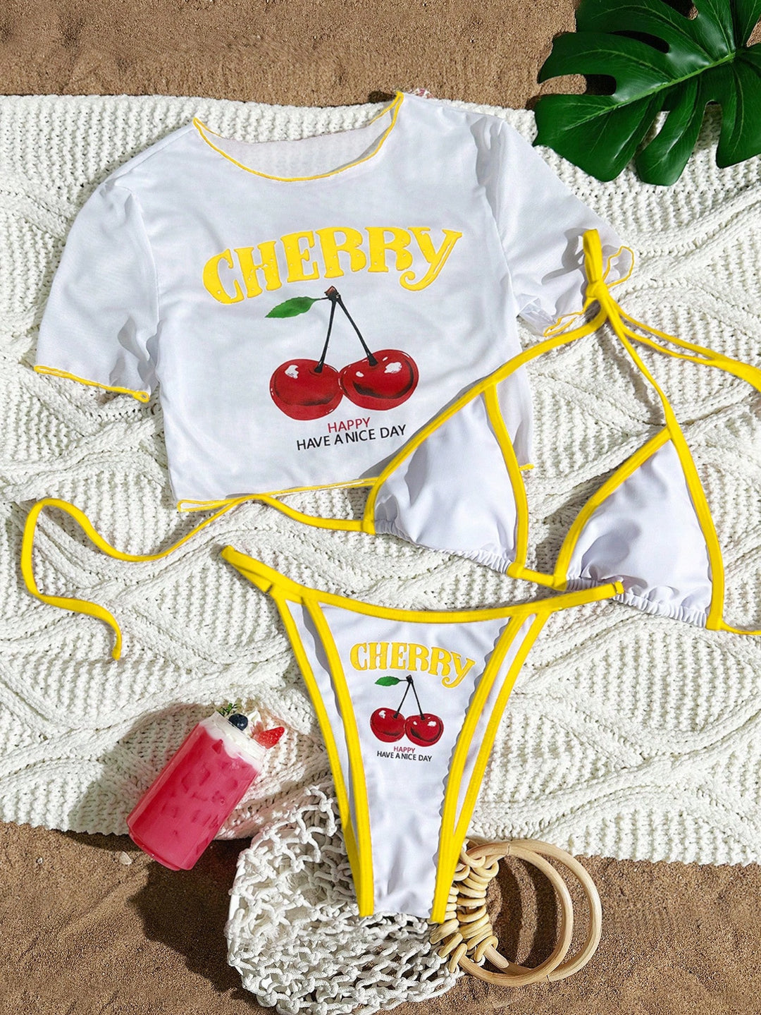 Dame bikini-sæt med trendy kirsebærmotiv og afslappet crop-top Skovae