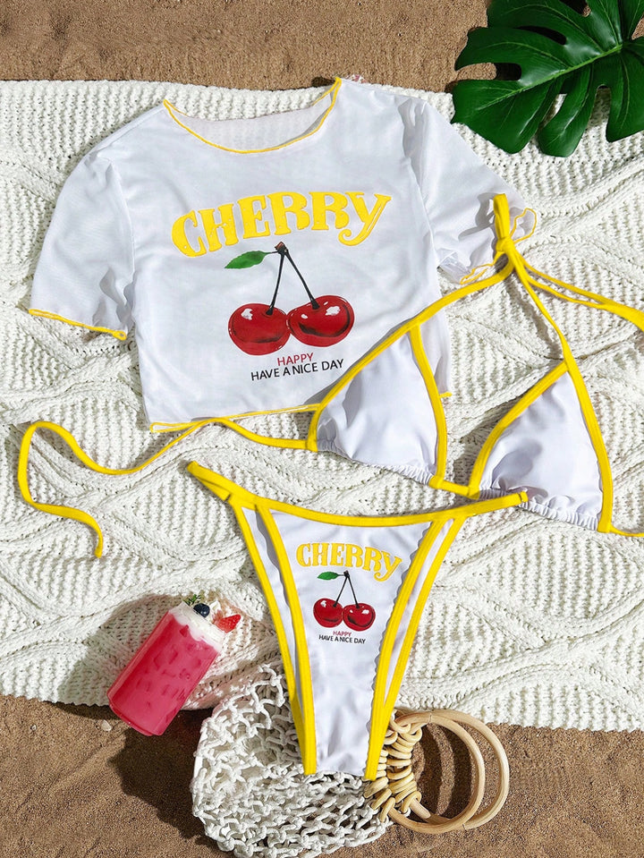 Dame bikini-sæt med trendy kirsebærmotiv og afslappet crop-top Skovae