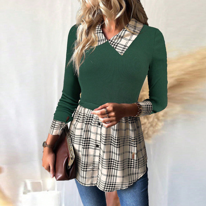 Dame bluse skjorte med ternet mønster og elegant krave Stilla