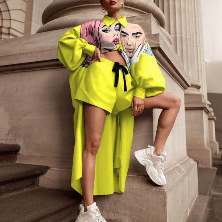 Dame Ternet Oversized-Skjortejakke med fashionabelt Print og Shorts Stilla
