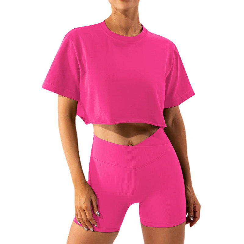 Dame sporty cropped T-shirt og shorts sæt med høj talje Stilla