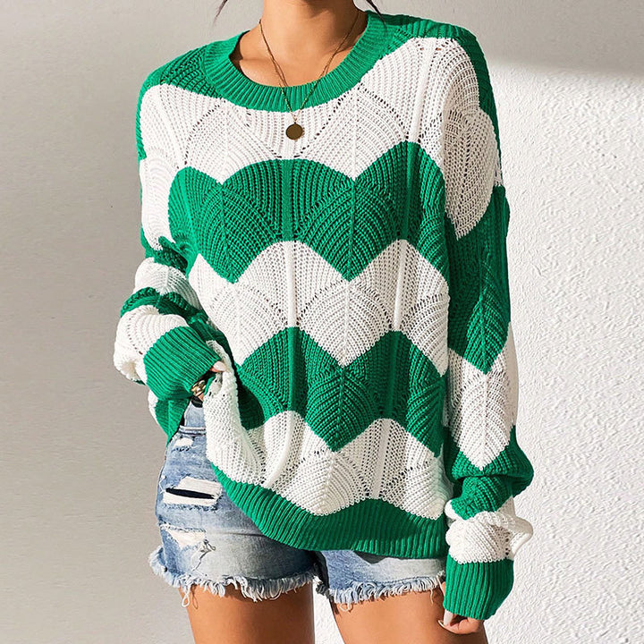 Kvinders strikket sweater med bølget mønster og løs pasform Stilla