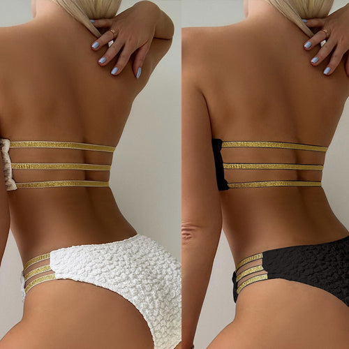 Dame bandeau-bikini med struktureret top og dekorative detaljer Skovae