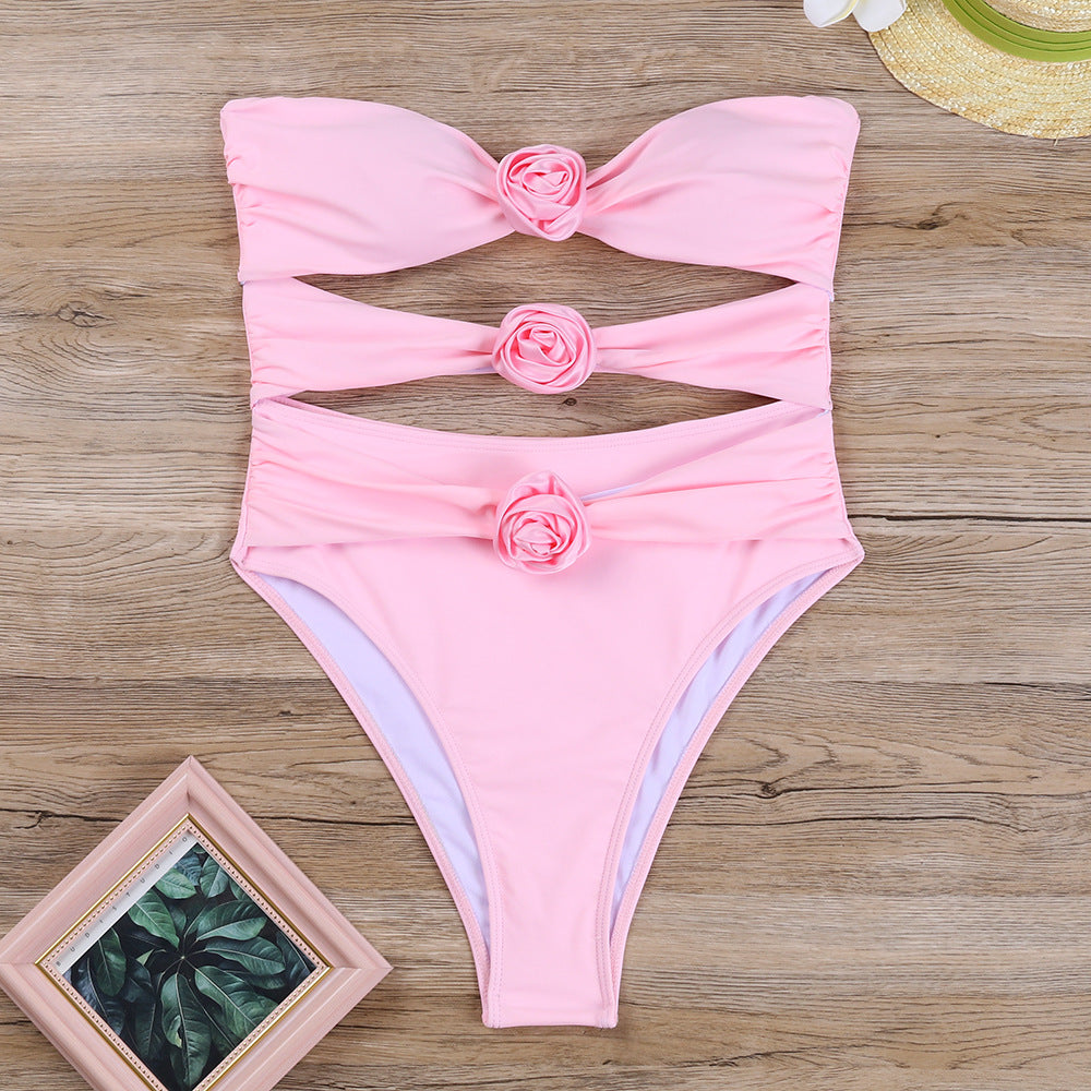 Dame Bandeau-bikini med blomster detaljeret knude og høj skæring Stilla