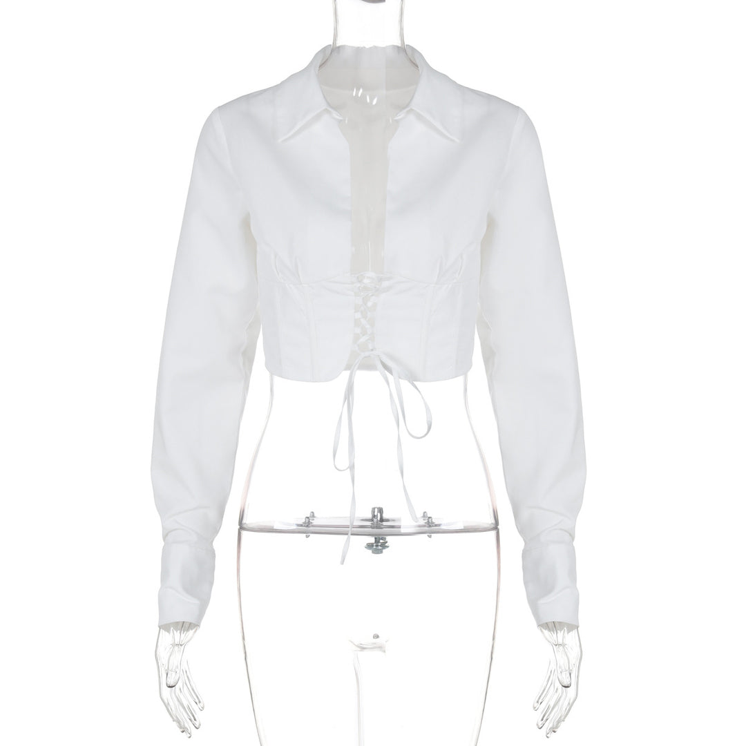 Damer cropped bluse med snøring og klassisk kravesnit Stilla
