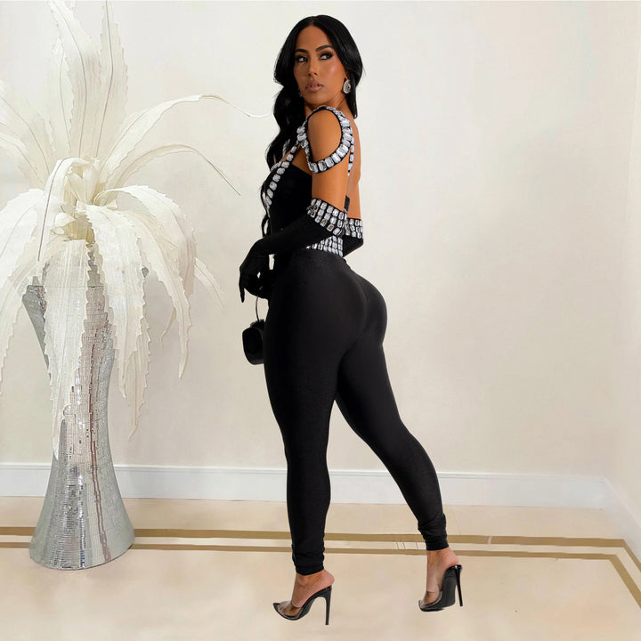 Dame Glamourøs Figurbetonet Jumpsuit med Strassdekorationer Stilla