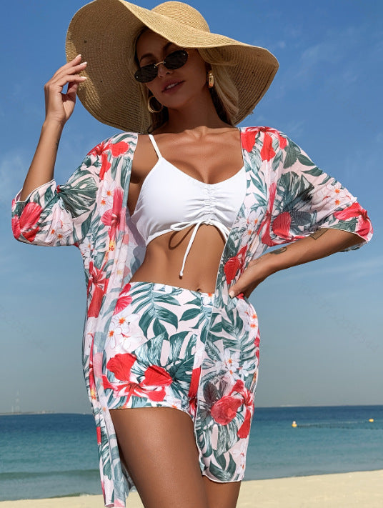 Dame Strandkimono med blomsterprint og luftige ærmer Stilla
