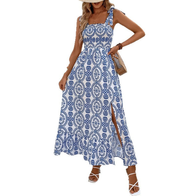 Dame Bohemian Print Maxi Kjole med Side Slids Stilla