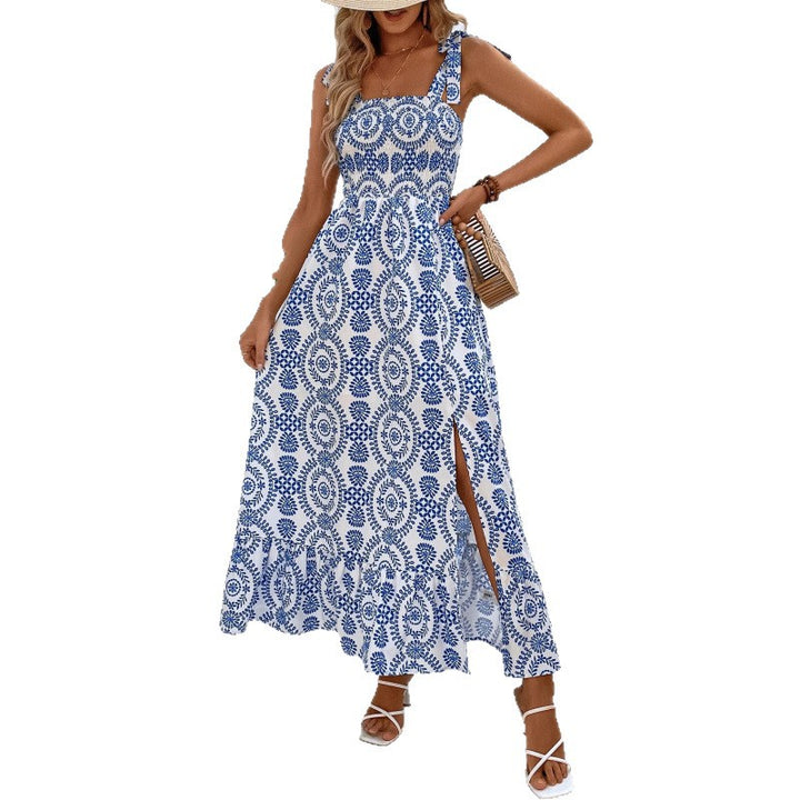 Dame Bohemian Print Maxi Kjole med Side Slids Stilla