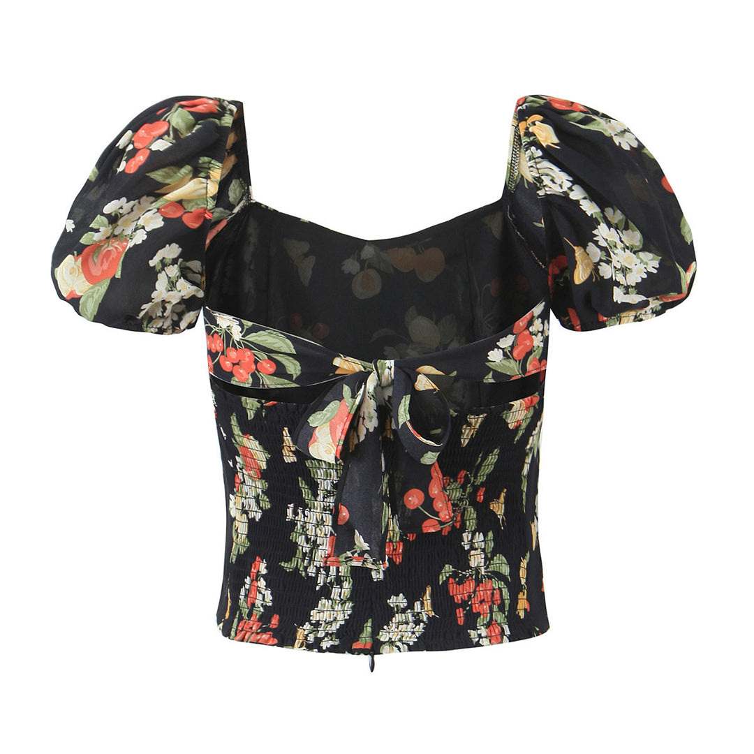 Dame Blusenshirt med luftige pufærmer og blomsterdesign Stilla