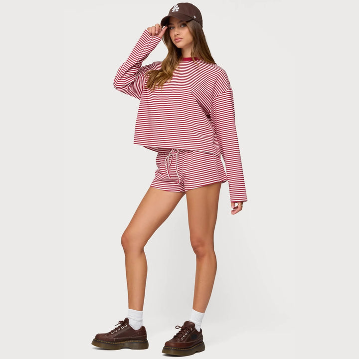 Dame Casual Stripe Loungewear Sæt med langærmet top og kort bukser Skovae