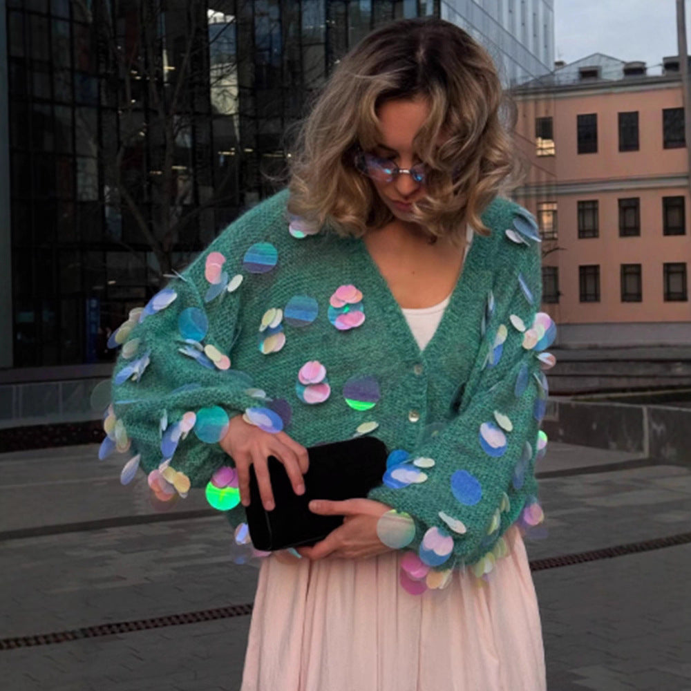 Dame Fuzzy Cardigan med holografiske accenter Stilla