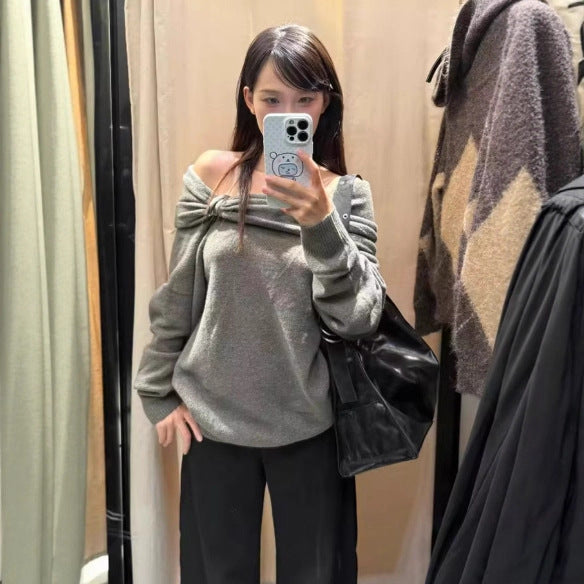 Damer Elegant Sweater med Asymmetrisk Sjalskrave og Dekorativ Lukning Stilla