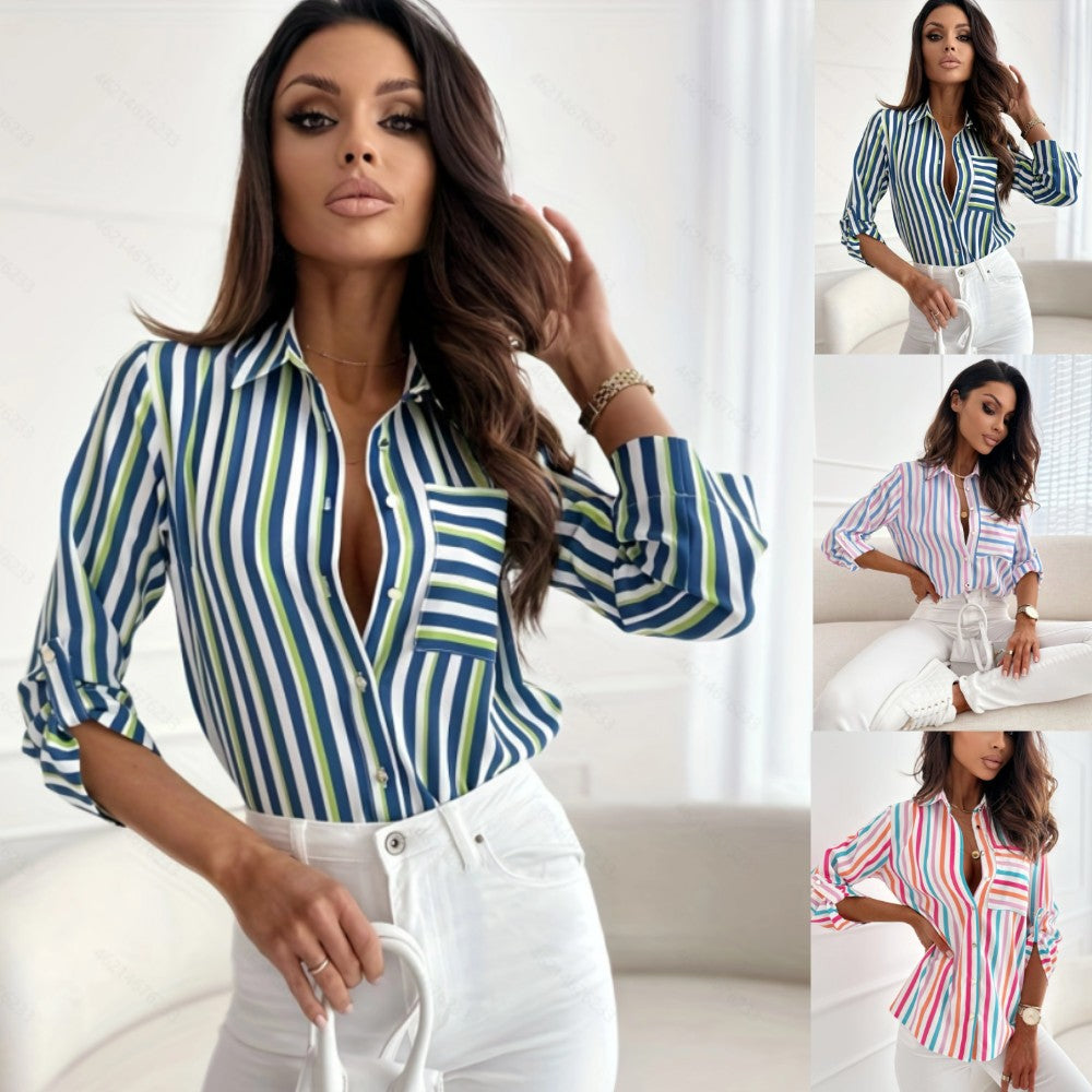 Dame stribet skjortebluse med moderne detaljer Stilla
