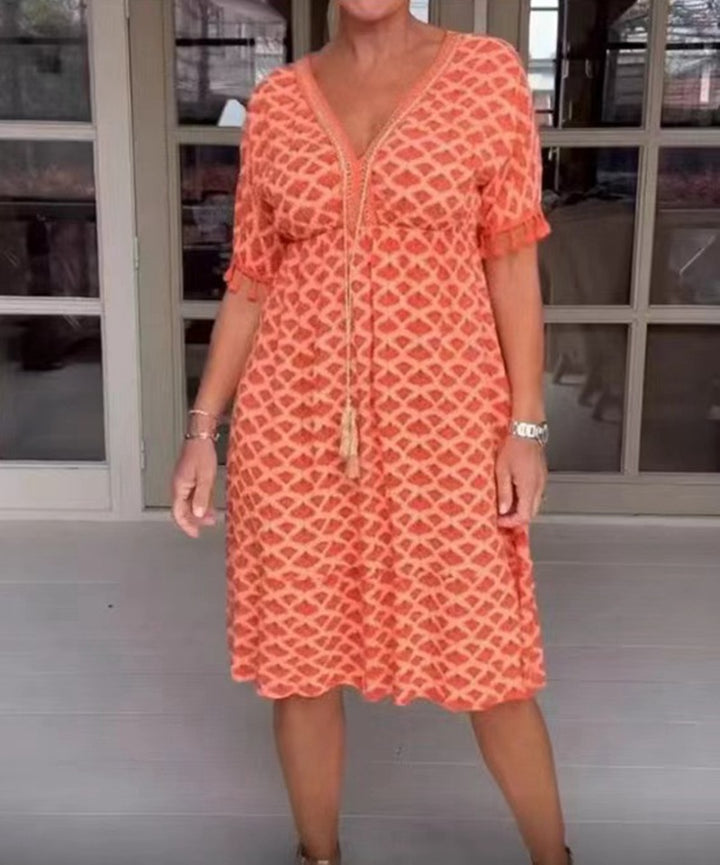 Dame nan casual midi kjole i kaftan stil med V-halsudskæring, kvaster bånd, rynket empire søm og frynseærmer Skovae