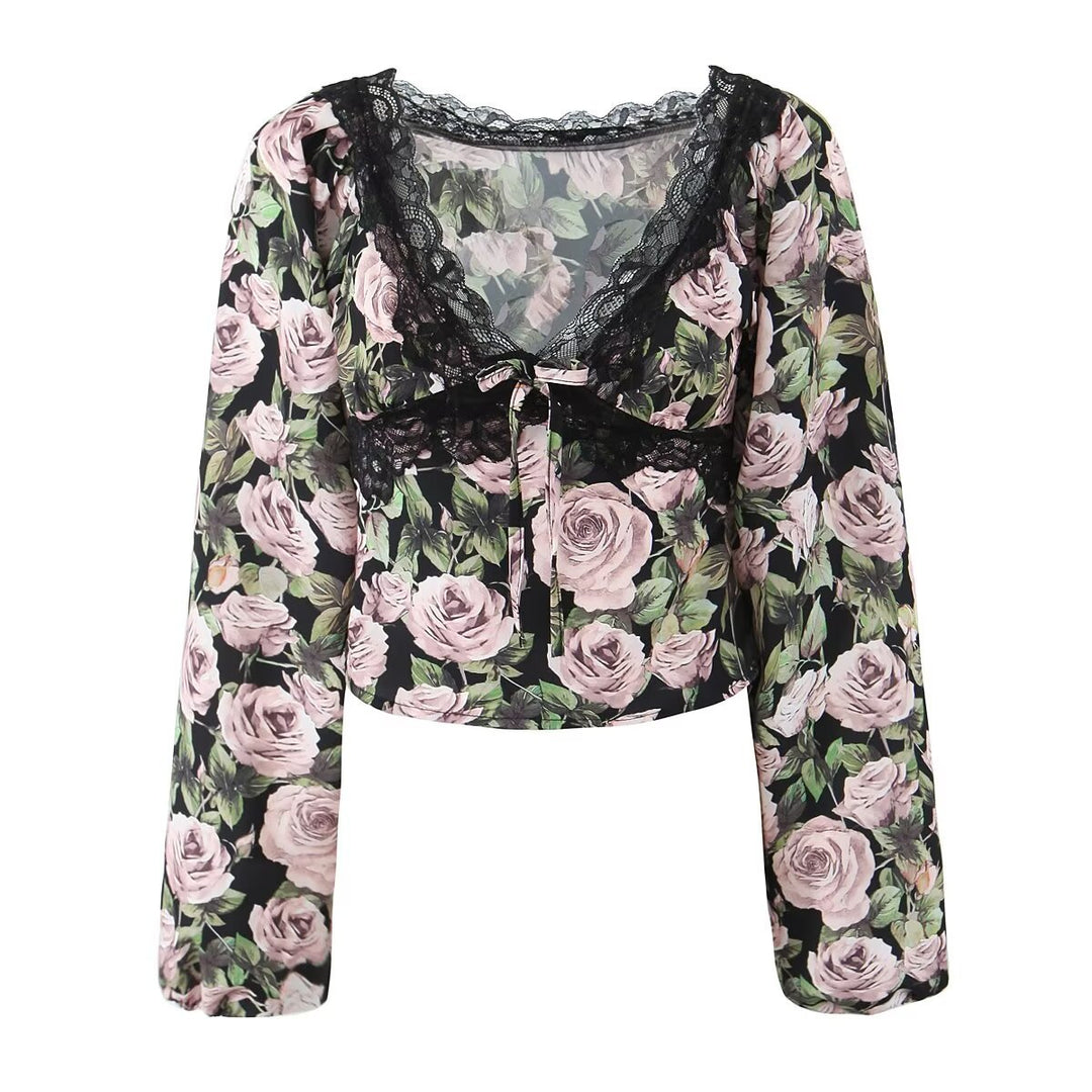 Dame blomster mønster crop-top med spids accenter og afslappet snit Stilla