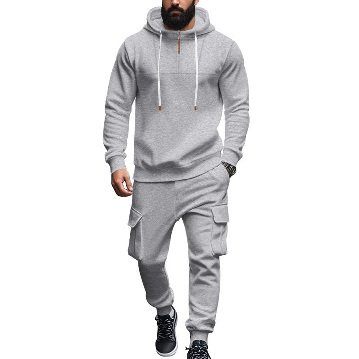 Herren nan hoodie- og joggersæt i cargo-stil med kort brystlynlås og påsyede klaplommer Skovae