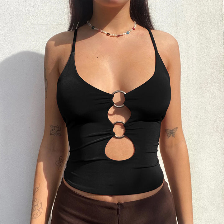 Dame Crop Top med runde udskæringer og dekorative ringe Stilla
