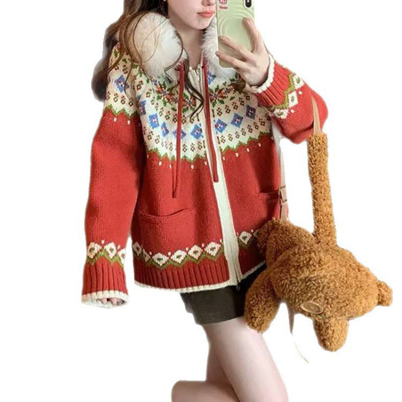 Kvinders cardigan med trendy norsk mønster og luksuriøs faux fur krave Stilla